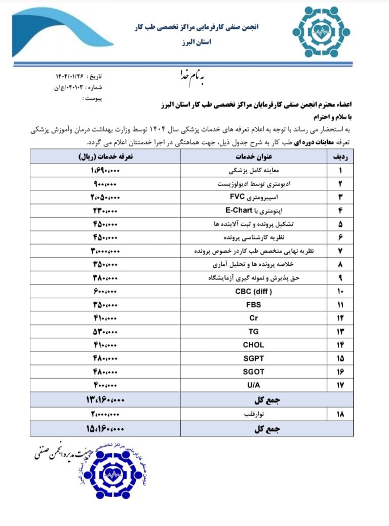 تعرفه معاینات دوره ای ۱۴۰۴
